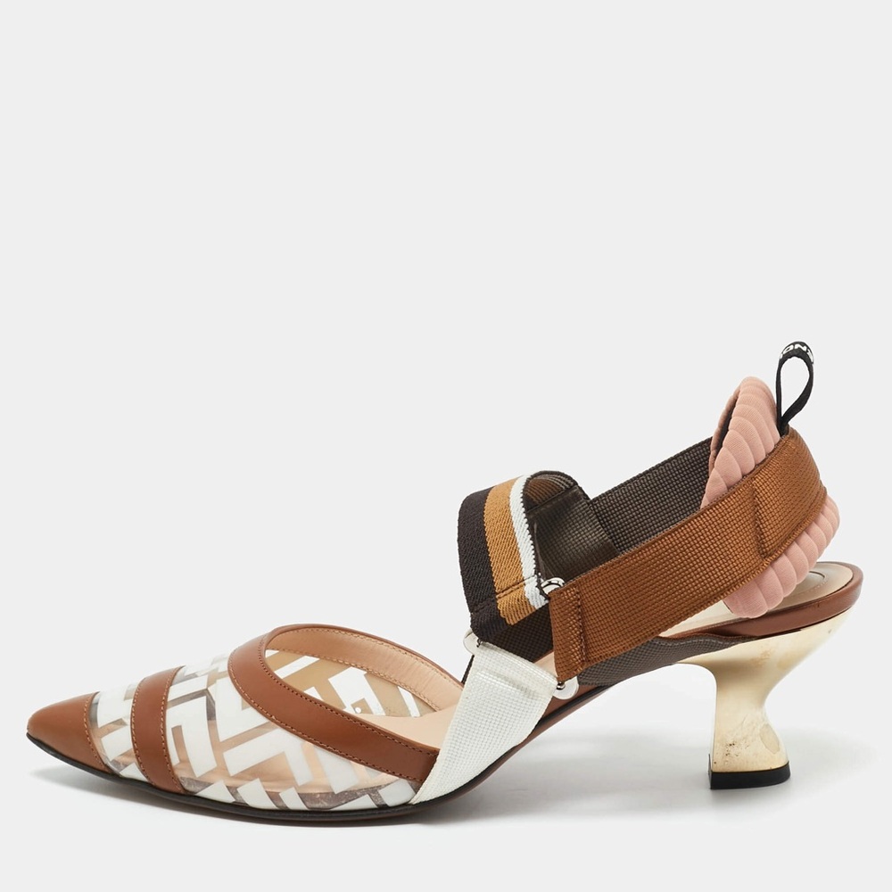 Fendi colibri slingback , brown and white PVC zucca print
